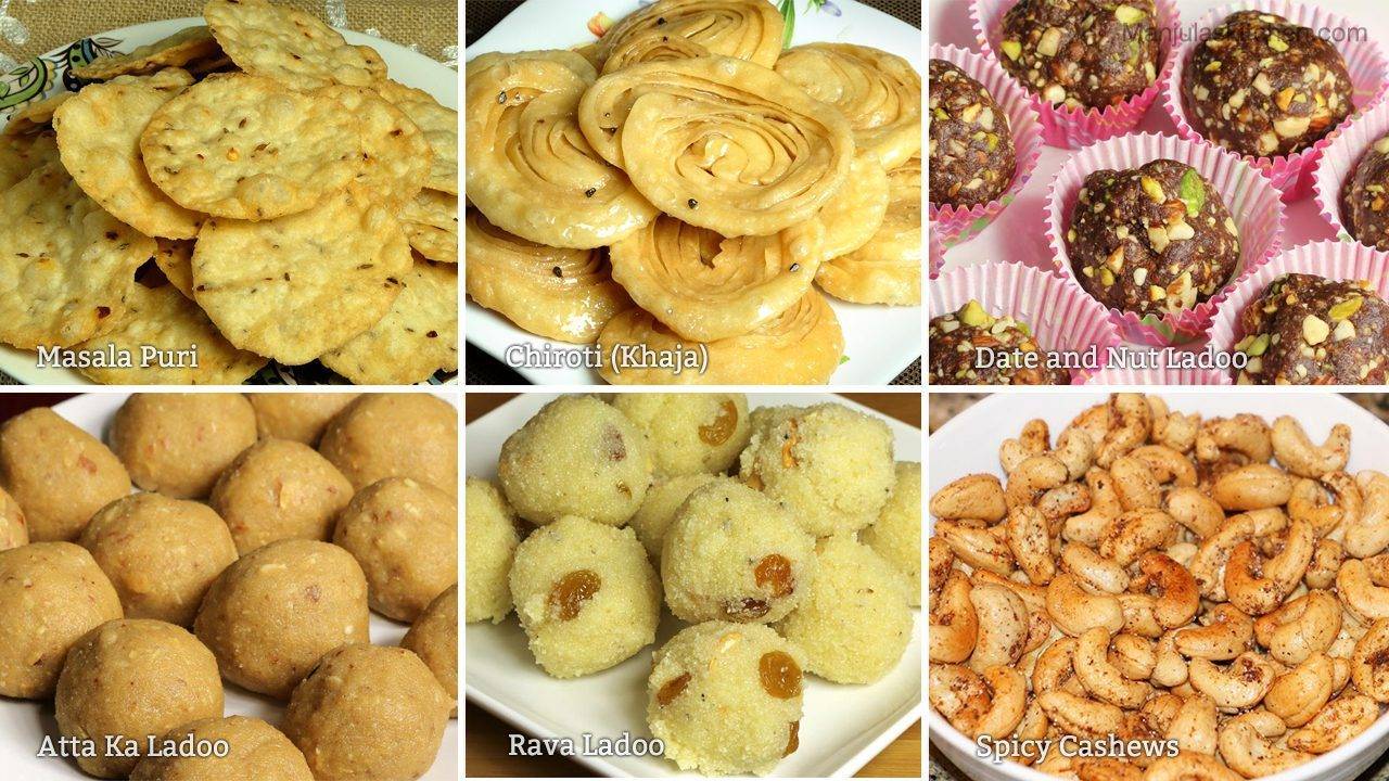 Masala Puri, Chiroti, Date & Nut Ladoo, Atta ka Ladoo, Rava Ladoo & Spicy Cashews