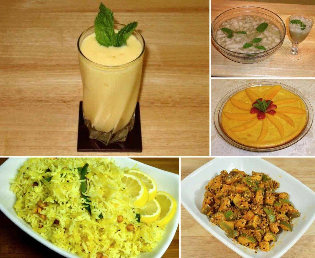 A variety of mango season recipes including mango lassi, mango pudding, mango cake, lemon rice, and spiced mango stir-fry