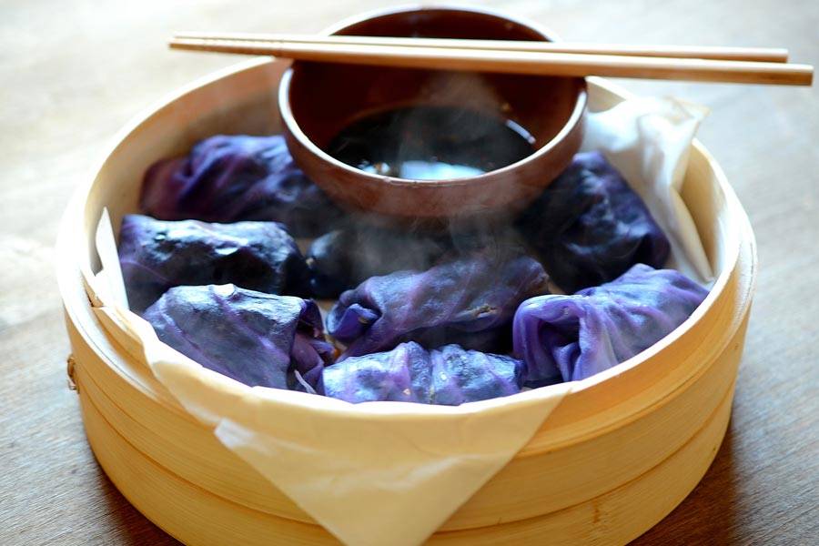 Purple Cabbage, Eggplant and Shiitake Mushroom Dumplings Manjula's