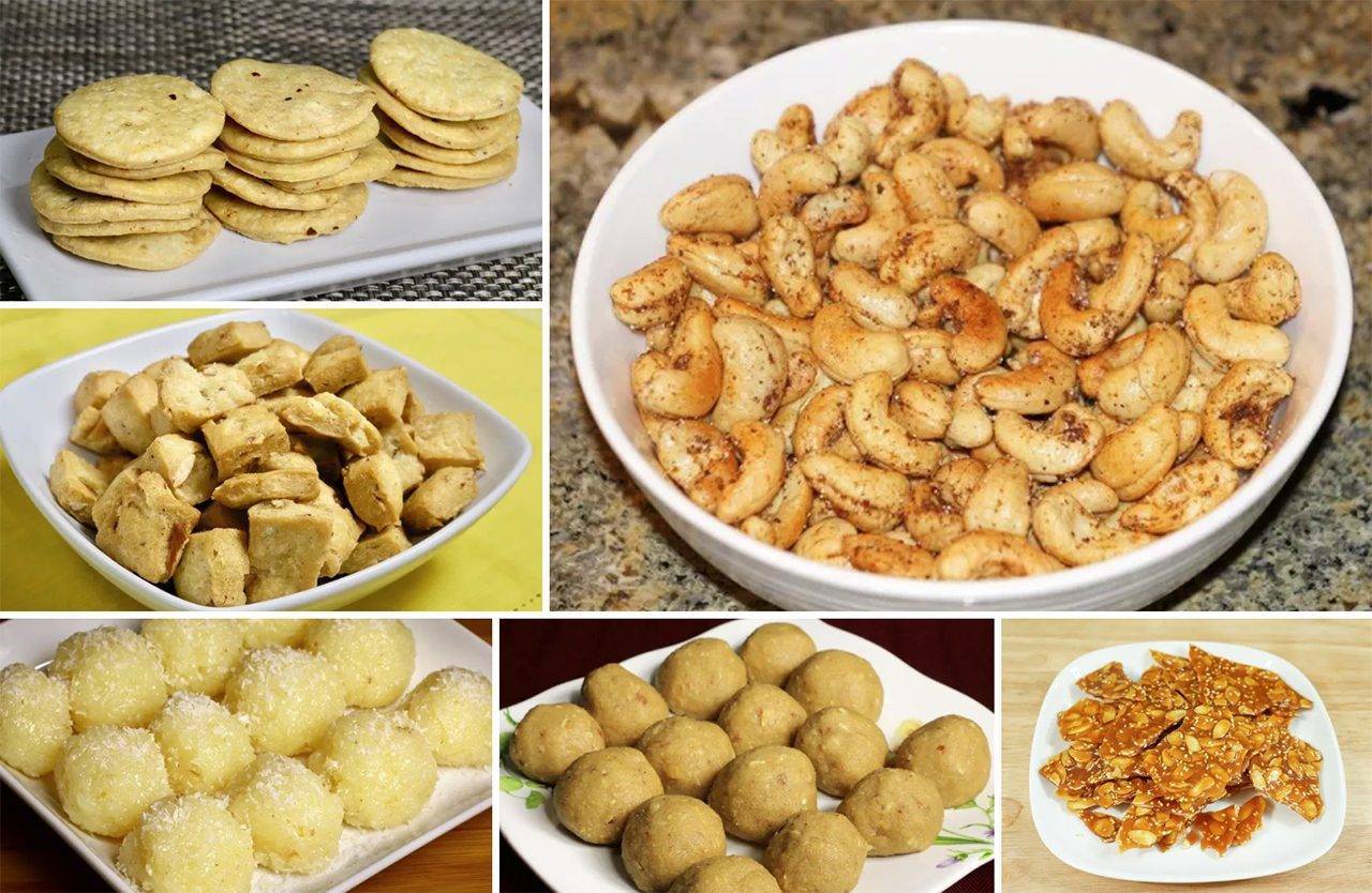 A variety of Diwali snacks and sweets including mathri, masala cashews, namak para, coconut ladoo, besan ladoo, and peanut chikki