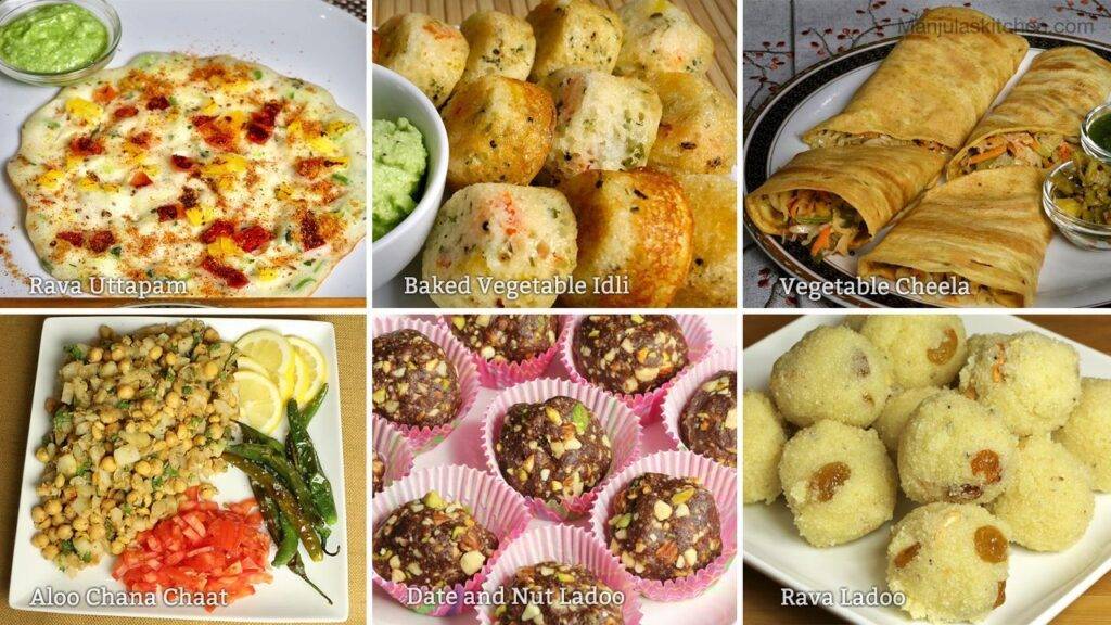 A variety of Indian dishes including Rava Uttapam, Baked Vegetable Idli, Vegetable Cheela, Aloo Chana Chaat, Date and Nut Ladoo, and Rava Ladoo