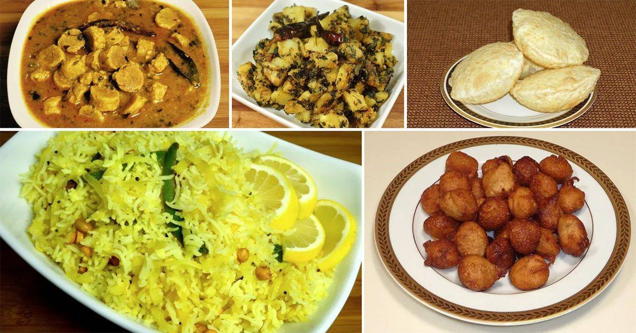 A variety of Karva Chauth special dishes including curry, vegetable stir-fry, poori, lemon rice, and sweet fritters