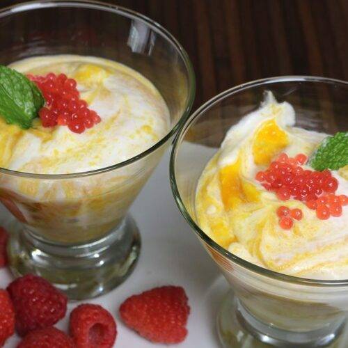 Mango Mousse with Strawberry Pearls