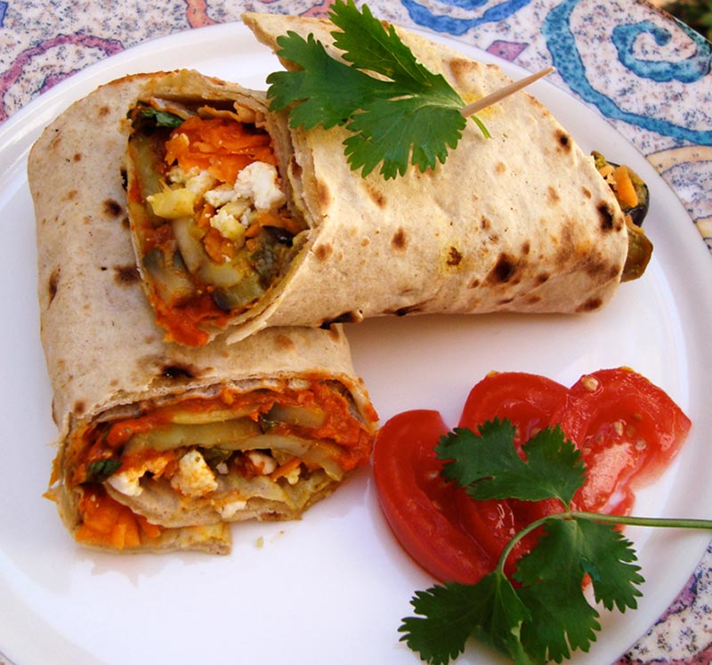 Eggplant and Mushroom Wrap with Roasted Red Pepper and Sun Dried Tomato Chutney